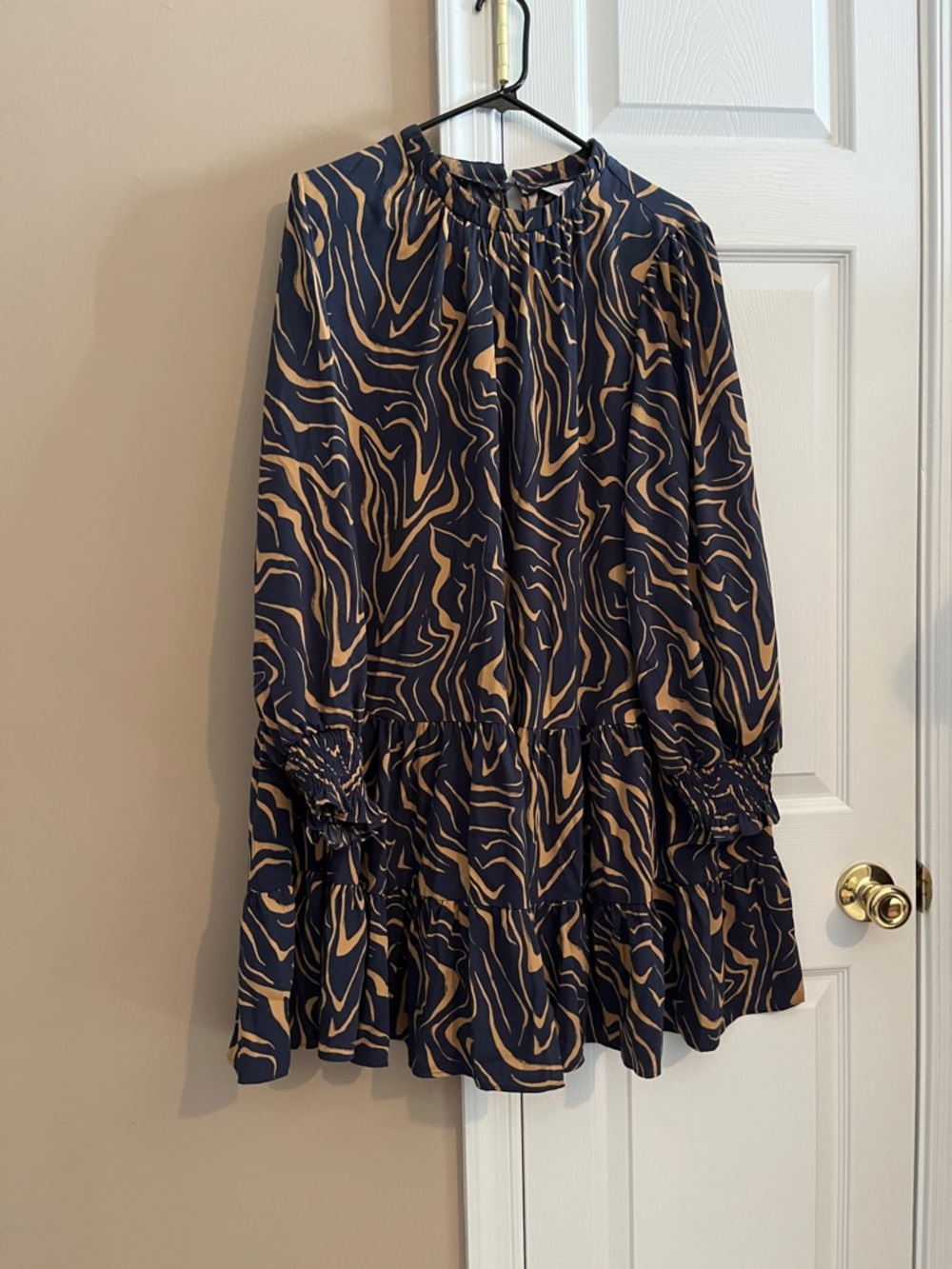 Nine West Navy and Tan Patterned Long Sleeve Mini Dress